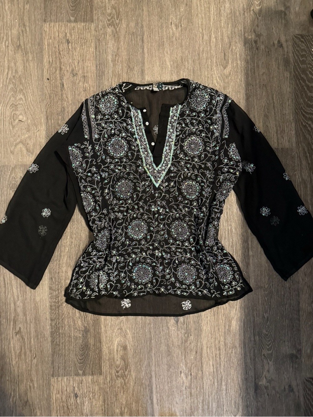 Raj Black Tunic with Light Blue & White Floral Embroidery